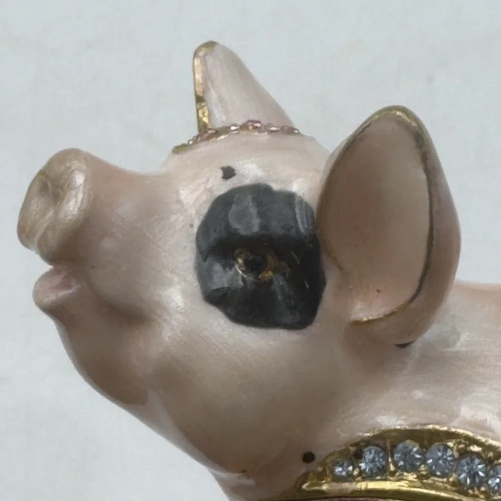 Bejeweled Enameled Pewter Spotted Pig Trinket Box With Crystals Pink Black